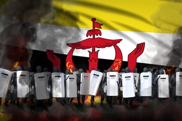 Brunei Darussalam police officers in heavy smoke and fire protecting law against demonstration - protest fighting concept, military 3D Illustration on flag background