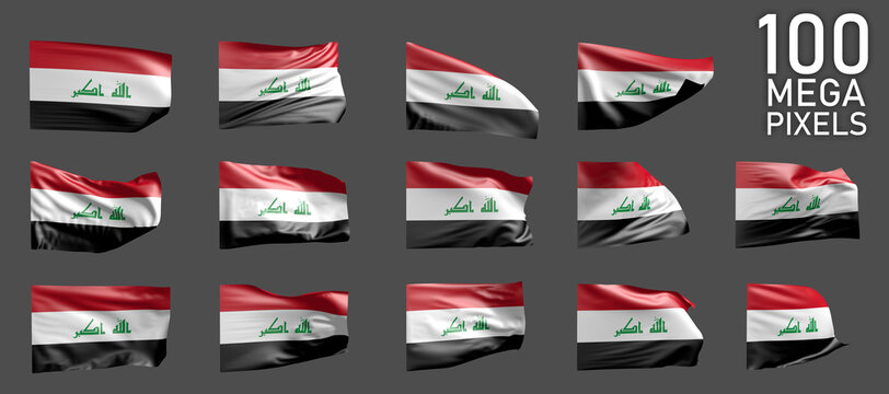 a lot of various pictures of Iraq flag isolated on grey background - 3D illustration of object