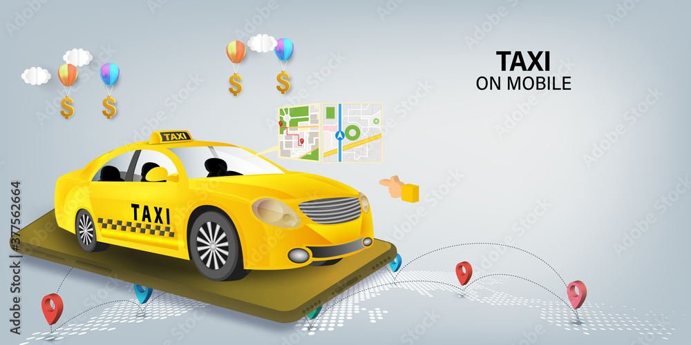 Poster taxi services mobile app website. application on smartphone. webpage, app design. vector illustratio