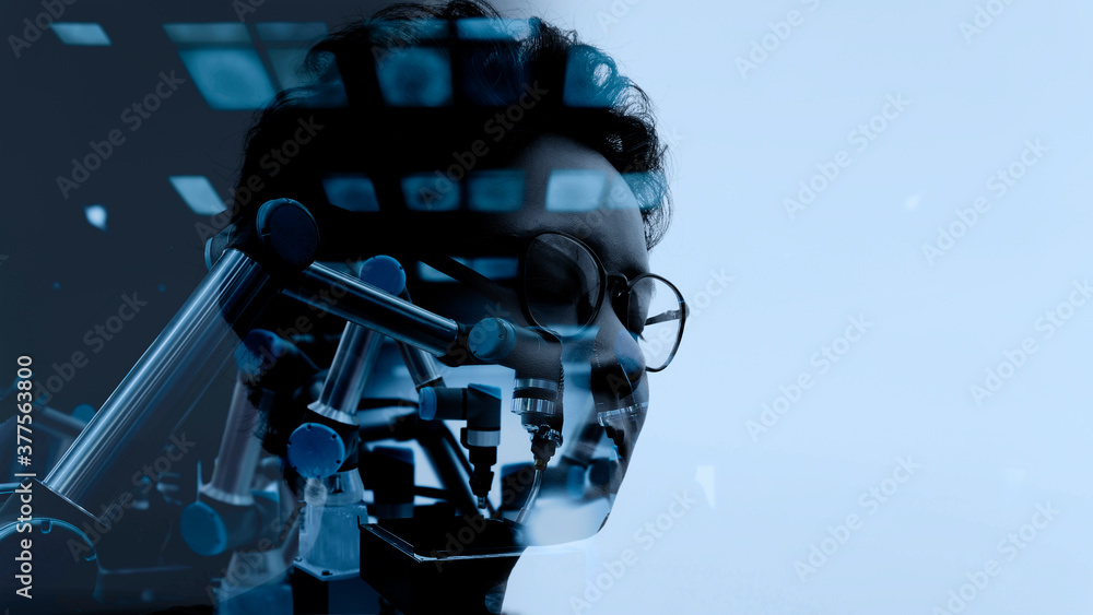 Poster Double explosure of Factory Female Industrial manager Engineer looking at automation robot arms machine in factory industrial on real time monitoring system software.