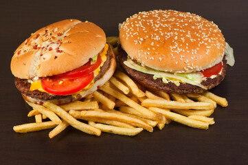 fast food set big hamburger and french fries