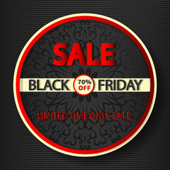 Fototapeta na wymiar Sale Banner Template. Black, red and white color in the message about discounts on Black Friday. Round frame with ornament in the center. 