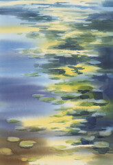 Autumn landscape with a pond watercolor background