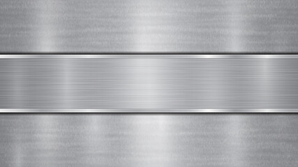 Background in silver and gray colors, consisting of a shiny metallic surface and one horizontal polished plate located centrally, with a metal texture, glares and burnished edges