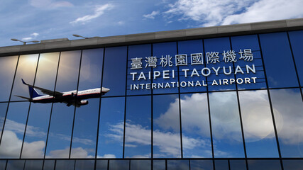 Naklejka premium Airplane landing at Taipei Taoyuan Taiwan airport mirrored in terminal