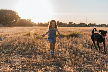 Young girl playing with her dog in the field during sunset