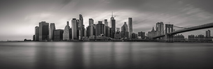 Manhattan skyline, monochrome, panorama, big resolution, with Brooklyn Bridge, New York City