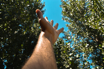 Closeup of a hand and a blue sky