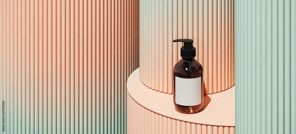 Poster minimal background for branding and product presentation. cosmetic bottle on green and beige gradien