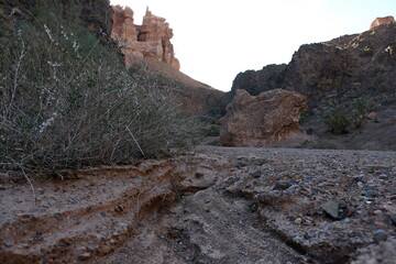 Stone ledges and rock in the Charyn canyon. Nature reserve