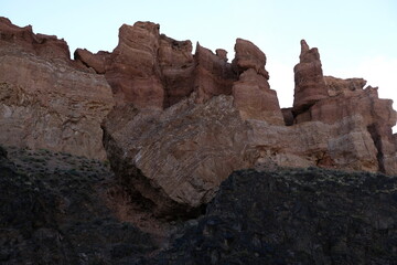 Stone ledges and rock in the Charyn canyon. Nature reserve