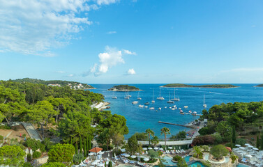 Hvar/ Croatia-August 9th, 2020: Beautiful panoramic view of islands off the Hvar town, covered in...