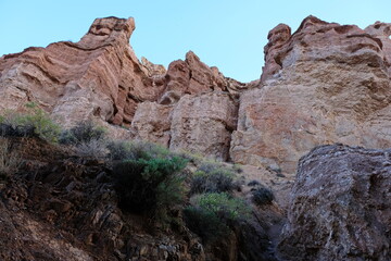 Stone ledges and rock in the Charyn canyon. Nature reserve