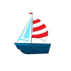 Yacht, a dark blue sailing vessel with a white sail with a red stripe. Cartoon style. Vector image isolated on a white background.