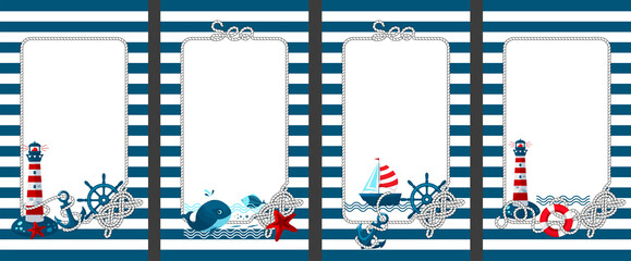 Frame with a marine theme in the cartoon style. Template for poster design, invitation to a children's party, greeting card, photo frame. Isolated vector illustrations.