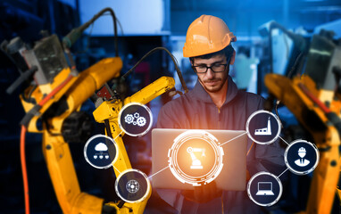 Smart industry robot arms for digital factory production technology showing automation...