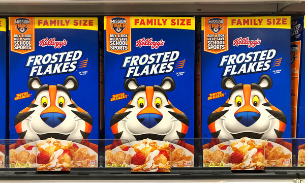 Alameda, CA - Sept 2, 2020: Grocery store shelf with boxes of Kellogg's brand cereal, Frosted Flakes.