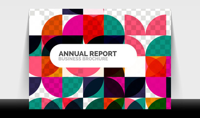 Horizontal A4 business flyer annual report template, circles and triangle style shapes modern geometric design for brochure layout, magazine or booklet