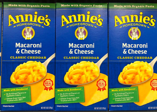 Alameda, CA - Sept 7, 2020: Grocery store shelf with boxes of Annie's brand Macaroni and Cheese, Classic Cheddar.
