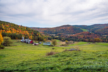 Fototapeta na wymiar Farm in a rolling rural landscape with wooded hills at the peak of fall foliage on an overcast autumn day. Barnet, VT, USA.