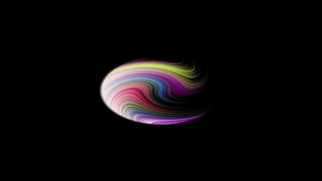 Sphere full of colorful spirals turning and expanding in black background . Moving paint ball of all colors spectrum