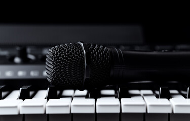 Microphone on keyboard . Close up.	