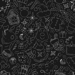 christmas doodles on black background, cute picture for new year and christmas, vector seamless pattern in doodle style with chalk on blackboard