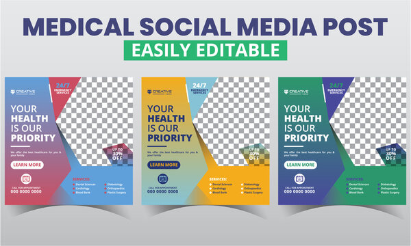 Medical social media post design Vector editable templates. Modern geometrical shapes composition square Promo Social Media Healthcare Post Layouts Timeline Web Banner & Poster with photo collage.