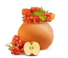 ripe and juicy grapes in clay dishes on a white background