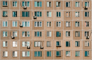 Panel building in Russia, Soviet architecture houses. Russian old urban residential houses with windows