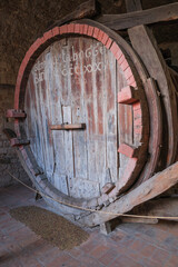 ancient giant wooden barrel produced by the friars of gubbio umbria italy