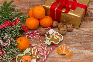 Mandarines, gift box and sweeties