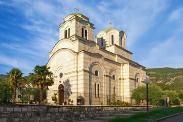 Fototapeta na wymiar Religious architecture. Montenegro, Tivat city. View of Orthodox Church of Saint Sava on sunny autumn day