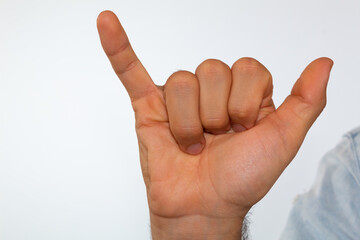 close up of a man's hand communicating with sign language, letters of the alphabet, on a white background