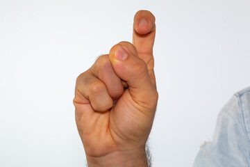close up of a man's hand communicating with sign language, letters of the alphabet, on a white background