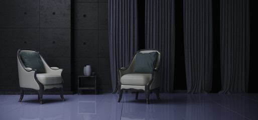 Dark Interior Two Chairs Comfortable Leather Concrete Industrial Walls And Wood Windows Curtains White Reflective Glossy Floor Ambient Cold Lightning Blue Night Living Room 3D Rendering