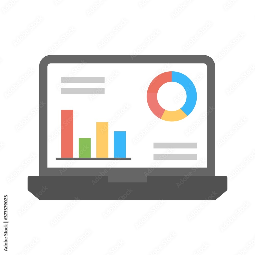 Poster flat modern illustration of analytics process with infographic charts displayed on the open laptop.