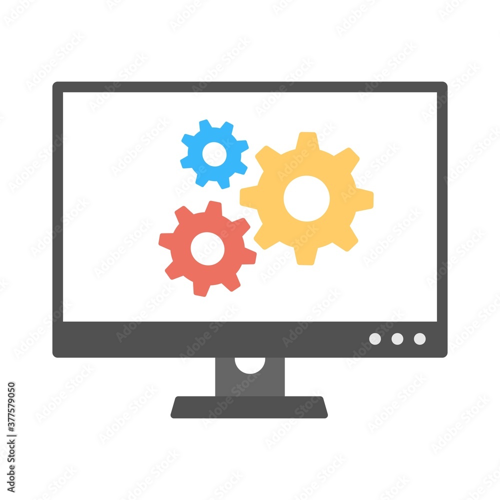 Poster computer with gears icon illustration in flat design style. pc settings symbol.