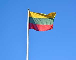 The flag of Lithuania flies against the background of the blue sky