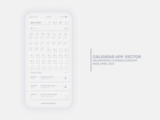 Vector Calendar App Page April 2021 with To Do List and Tasks Conceptual UI UX Neumorphic Design Mockup Isolated on White Background. Neumorphism Elements Planner Application Template for Mobile Phone