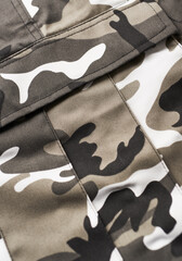 Trousers with a camouflage pattern. Close up.	