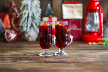 mulled red wine fruit tea grog
glass winter drink hot juice serving size spices beverage New Year's and Christmas top view copy space for text
