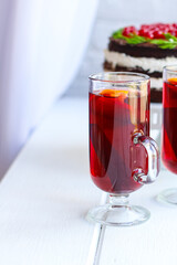 mulled red wine fruit tea grog
glass winter drink hot juice serving size spices beverage New Year's and Christmas top view copy space for text