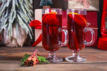mulled red wine fruit tea grog
glass winter drink hot juice serving size spices beverage New Year's and Christmas top view copy space for text