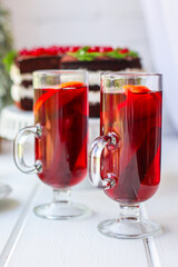 mulled red wine fruit tea grog
glass winter drink hot juice serving size spices beverage New Year's and Christmas top view copy space for text