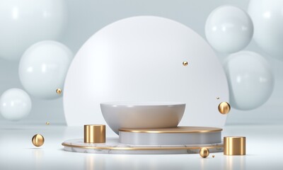 Round podium, pedestal or platform. Advertising place scene. Blank light product stand. 3d Rendering.