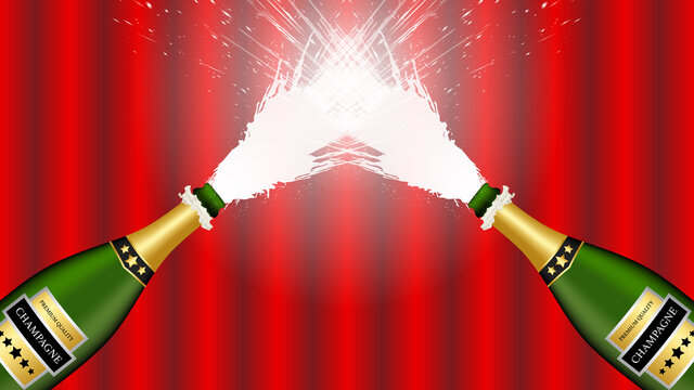 Spraying champagne bottles on red curtain background. Vector illustration.