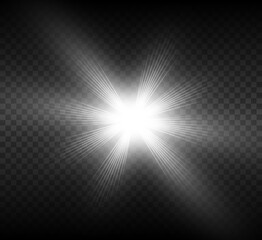 White glowing light explodes on a transparent background. Bright Star. Transparent shining sun, bright flash. Vector graphics.	