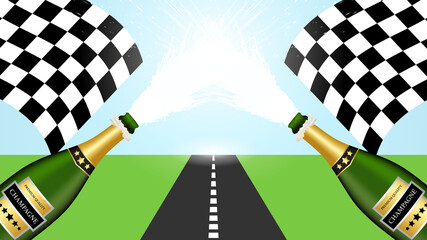 Champagne bottles spraying on road background, with chequered flags. Vector Illustration.