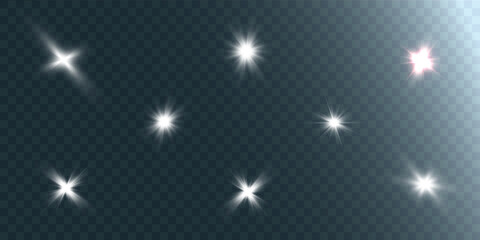 Fototapeta na wymiar White glowing light explodes on a transparent background. Sparkling magical dust particles. Bright Star. Transparent shining sun, bright flash. Vector sparkles. To center a bright flash